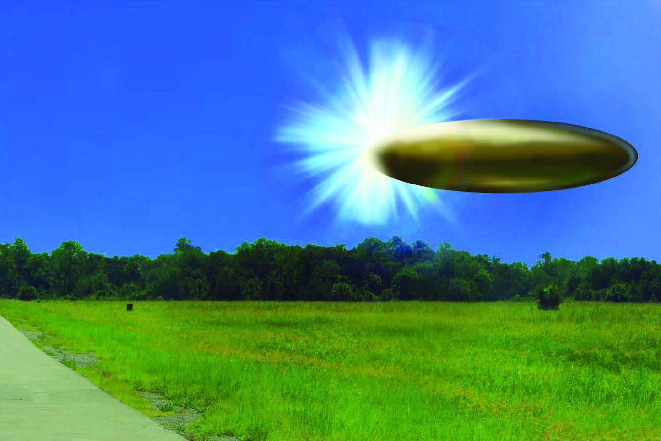 Composite sketch derived from an eyewitness account showing an apparent ellipsoid bronze metallic object materializing out of a bright light in the sky, 130 to 195 feet in length. Released May 8, 2026 by the U.S. Department of War as part of FBI case 62-HQ-83894.